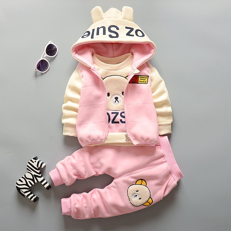 autumn fall girls casual cute cartoon bear printing plush kids three pieces boys clothing sets 12-13 years old