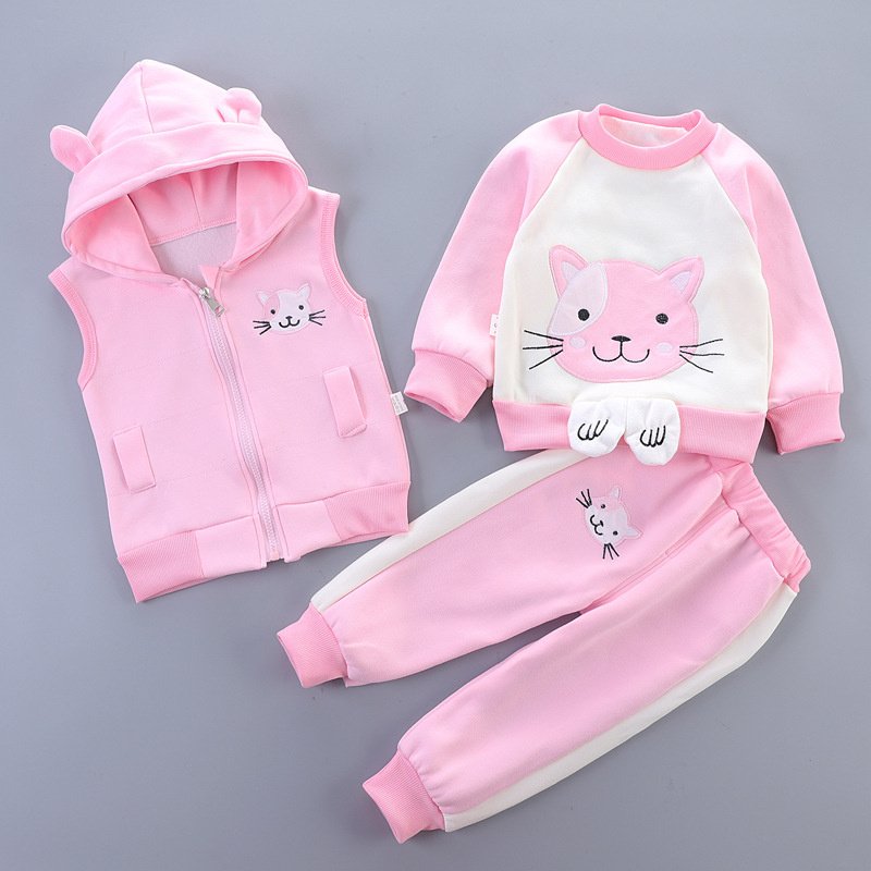 autumn fall girls casual cute cartoon bear printing plush kids three pieces boys clothing sets 12-13 years old