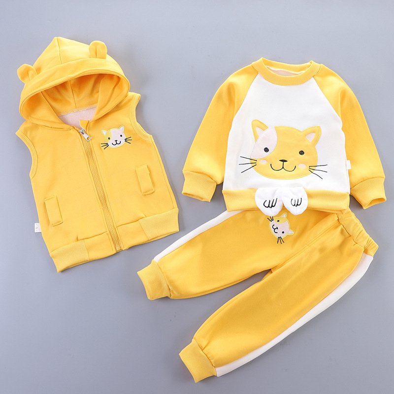 autumn fall girls casual cute cartoon bear printing plush kids three pieces boys clothing sets 12-13 years old