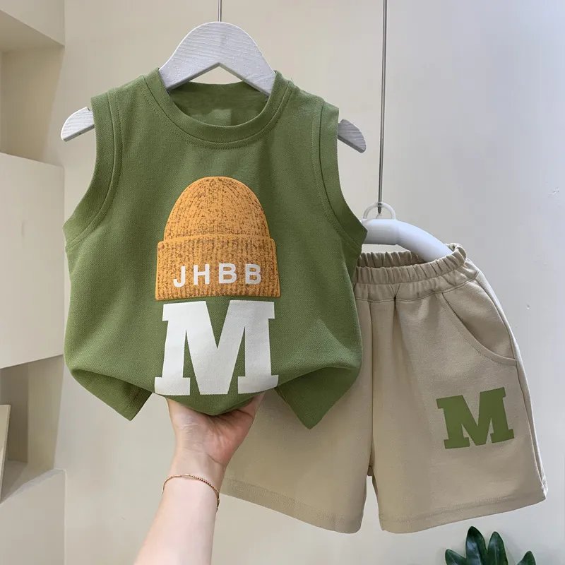 Hot Sale Summer T-Shirt and Shorts 2pcs Cotton Pattern Casual Teenagers Boys CLothes Sets