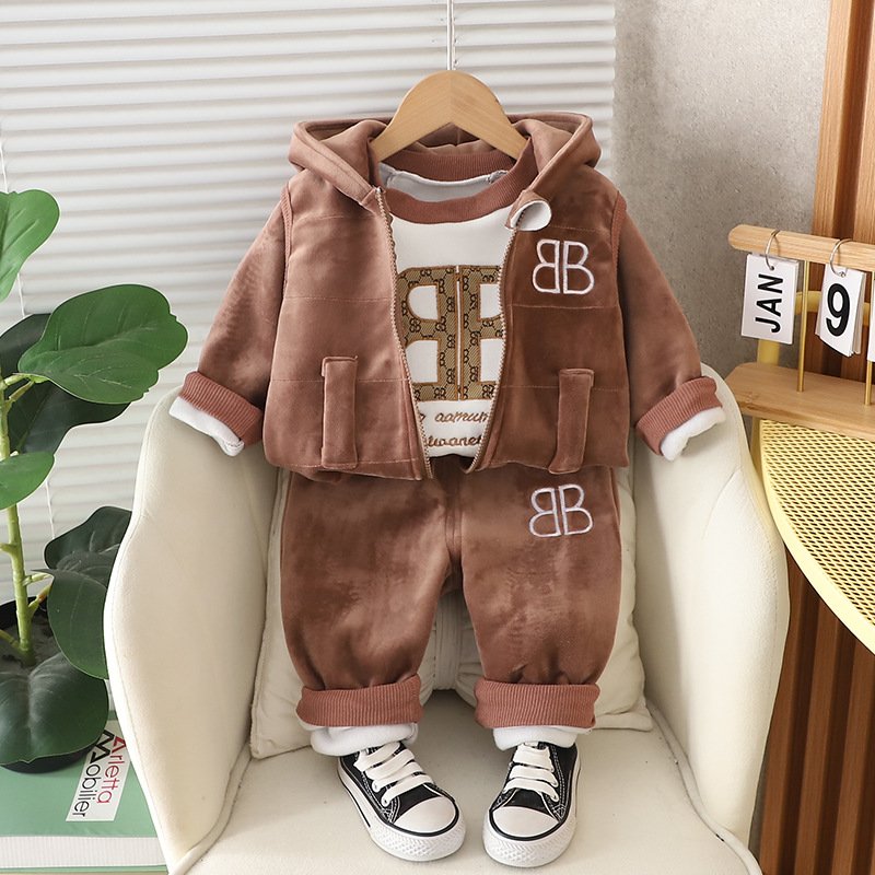 Autumn Children's Three-Piece Set Fleece-Lined Long Sleeve Suit for Boys and Girls Baby Clothes Wholesale for Kids