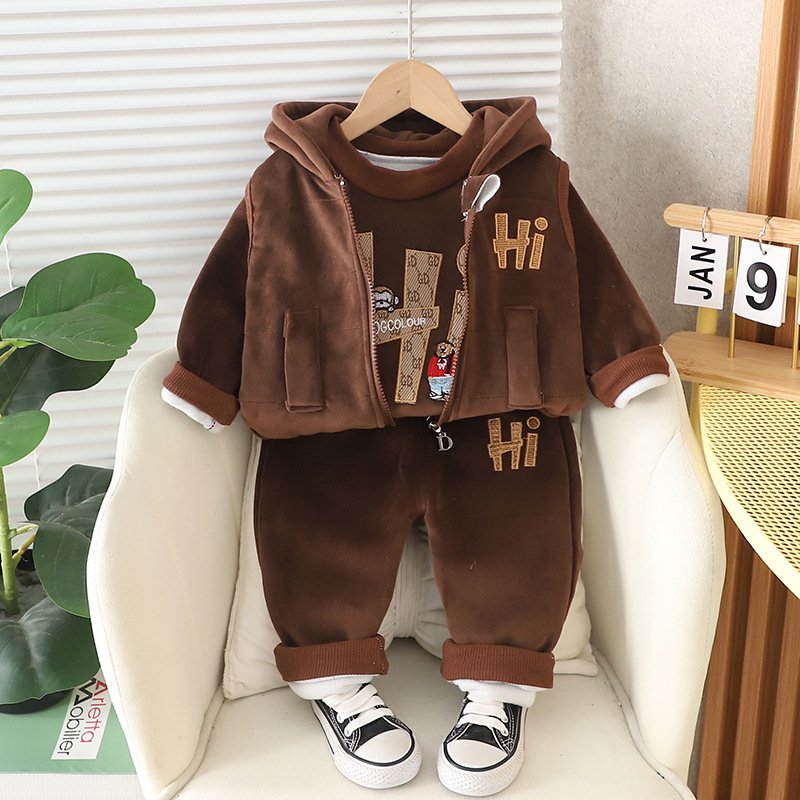 Autumn Children's Three-Piece Set Fleece-Lined Long Sleeve Suit for Boys and Girls Baby Clothes Wholesale for Kids