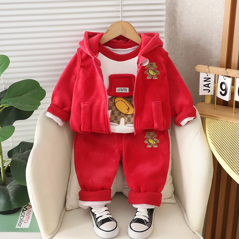 Autumn Children's Three-Piece Set Fleece-Lined Long Sleeve Suit for Boys and Girls Baby Clothes Wholesale for Kids