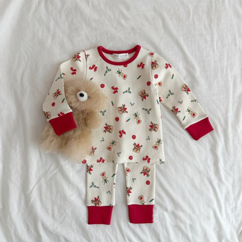 Autumn and Winter Boys Girls Christmas Suit Cotton Baby Printed Long Sleeve Tops Pants Set Fashion Baby Christmas Clothes