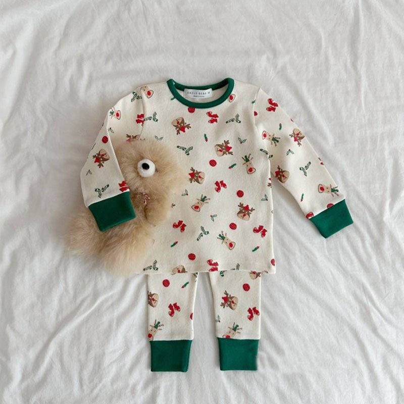Autumn and Winter Boys Girls Christmas Suit Cotton Baby Printed Long Sleeve Tops Pants Set Fashion Baby Christmas Clothes