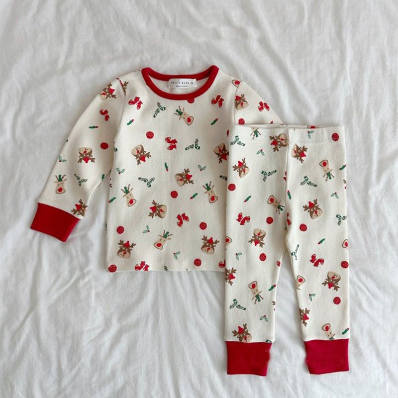 Autumn and Winter Boys Girls Christmas Suit Cotton Baby Printed Long Sleeve Tops Pants Set Fashion Baby Christmas Clothes