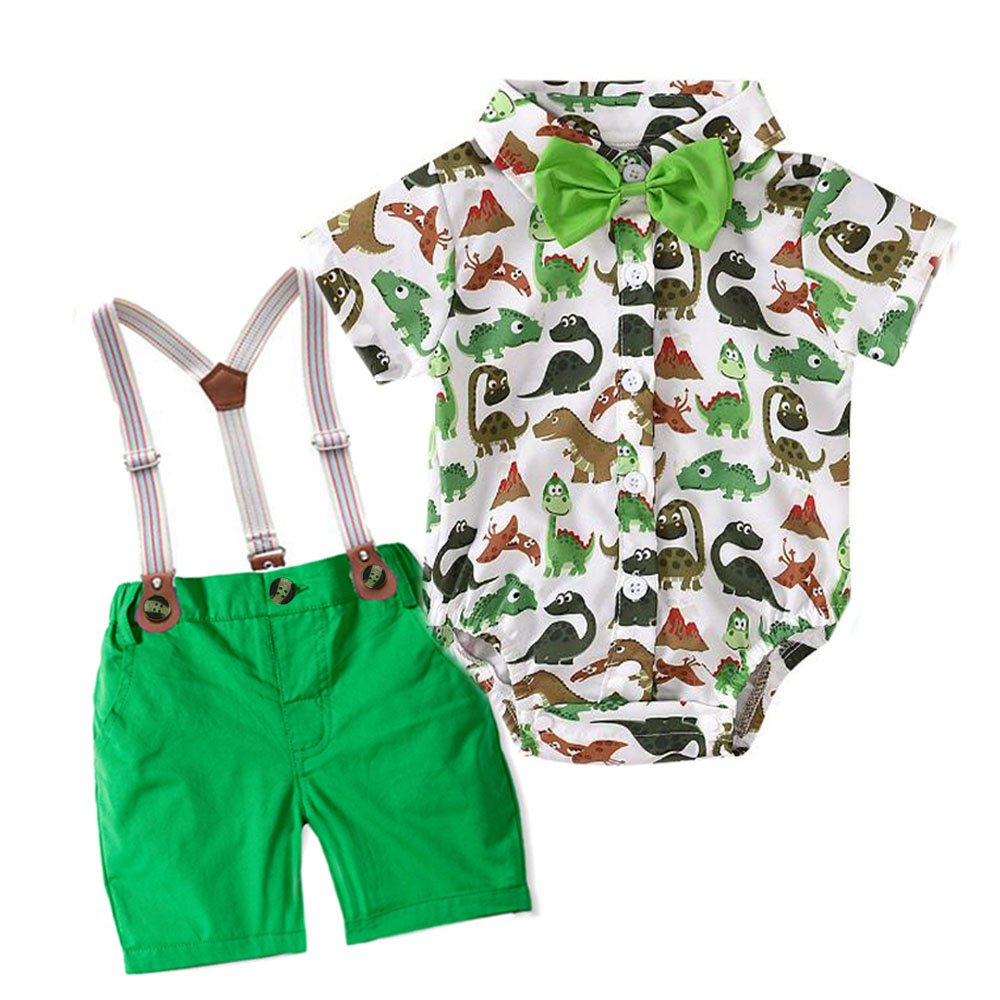 2023 Children's Summer Short-Sleeved Animal Printed Shirt Baby Kids Belt Shorts 3 Piece Set Bow Tie+T Shirt Romper+Brace Belt