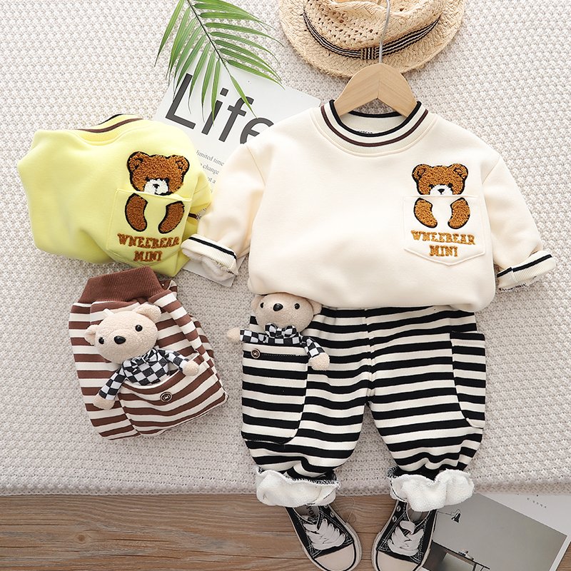 Autumn New Style Canvas Cotton Casual Pants for Toddler Boys Winter Baseball Long Sleeves with Embroidered Bear Patchwork Design