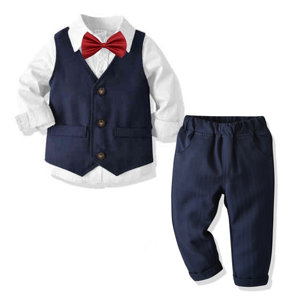 Hot Selling Boy's Dress Suit Formal Wear Baby Gentleman Vest Shirt Trousers British Style Four Piece Suit Baby Boy Clothes