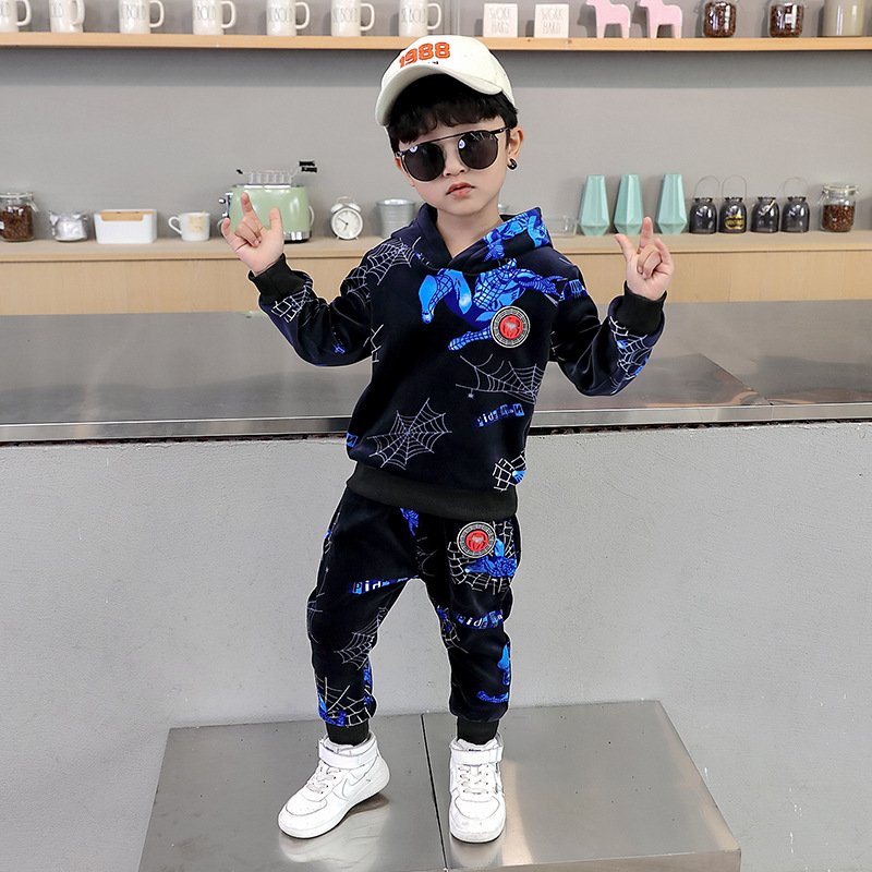 Men's 2024 Autumn and Winter New Boys Korean Spider Gold Velvet Cotton Fleece-Lined Casual Two-Piece Set with Short Sleeves