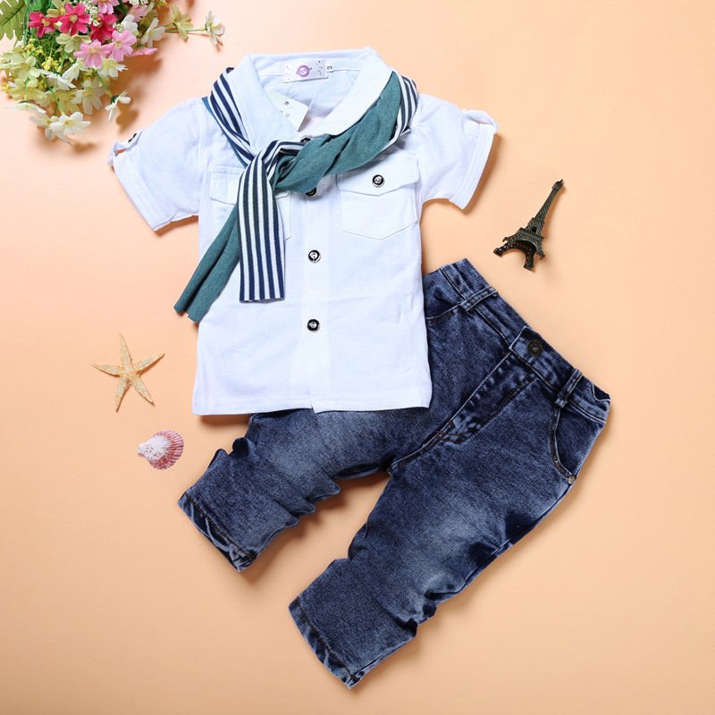 New Baby Clothing Set Children Summer Clothes 3pcs T-Shirt + Jeans + Scarf Short Sleeve Kids Boys Clothing Set Cool Kids Dress