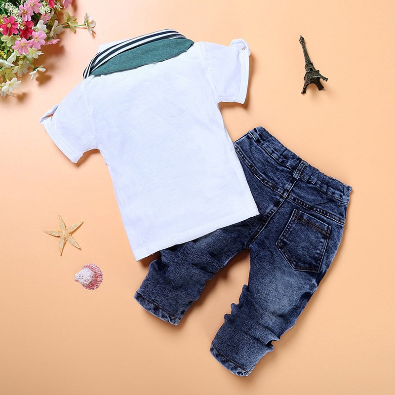 New Baby Clothing Set Children Summer Clothes 3pcs T-Shirt + Jeans + Scarf Short Sleeve Kids Boys Clothing Set Cool Kids Dress