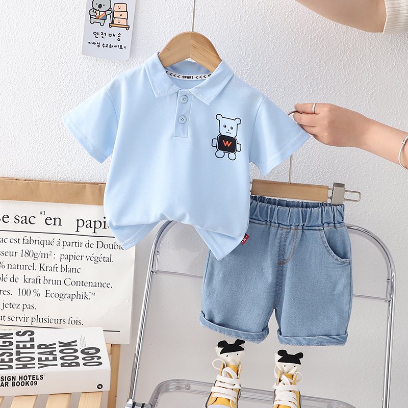 2024 Wholesale Price Boys 2pcs Casual Clothing Set Robot Printed Lapel Polo Shirt with Cotton Denim Shorts for Kids