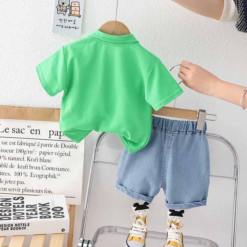 2024 Wholesale Price Boys 2pcs Casual Clothing Set Robot Printed Lapel Polo Shirt with Cotton Denim Shorts for Kids