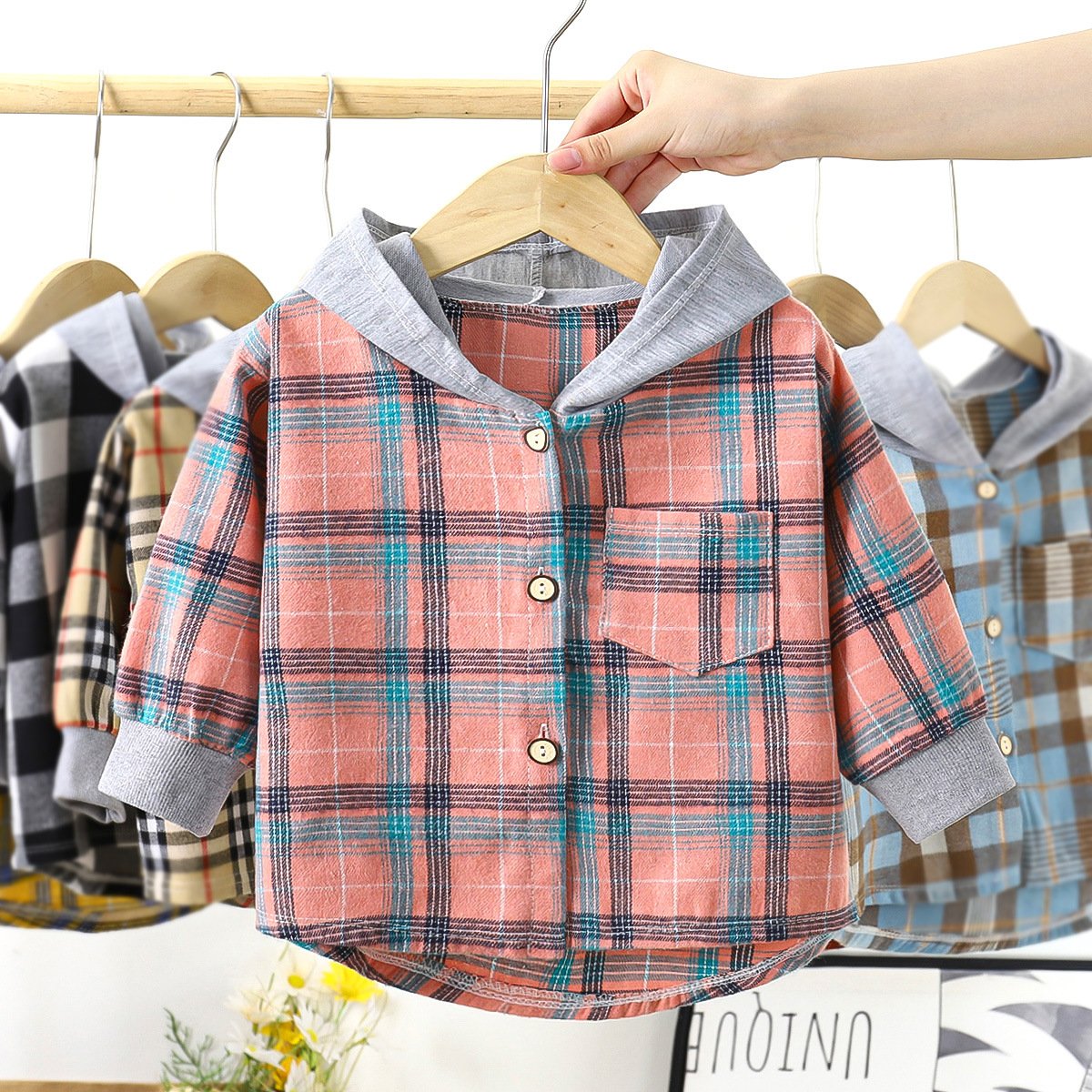 Children's Hooded Shirts Kids Clothes Baby Boys Plaid Shirts Coat for Spring Autumn Girls Long-Sleeve Jacket Bottoming Clothing