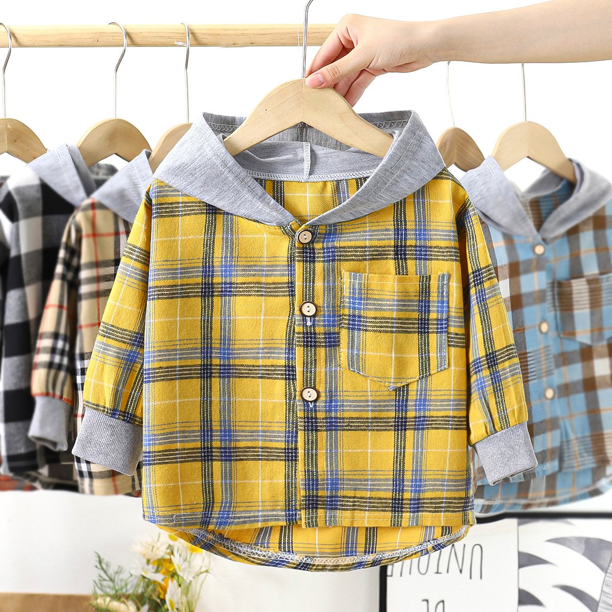 Children's Hooded Shirts Kids Clothes Baby Boys Plaid Shirts Coat for Spring Autumn Girls Long-Sleeve Jacket Bottoming Clothing