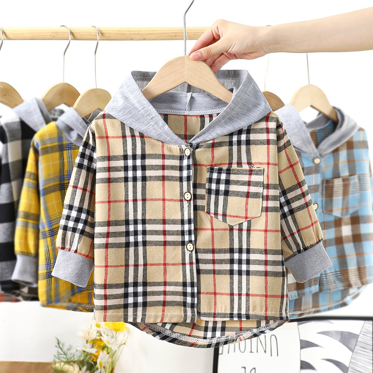 Children's Hooded Shirts Kids Clothes Baby Boys Plaid Shirts Coat for Spring Autumn Girls Long-Sleeve Jacket Bottoming Clothing