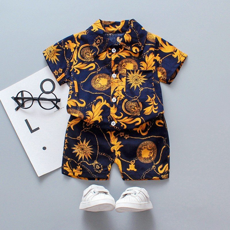 Hot Sale Fashion Casual Lapel Single-breasted Short-sleeved Shirt Shorts Set Boys Baby New 2 PCS Clothes Set