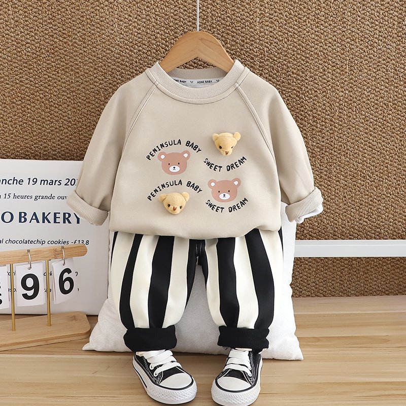 2024 Autumn/Winter Boys Clothing Set Children's Long Sleeve Top Warm Two-Piece Hoodie Cute Cartoon 3D Patterned Striped Pants