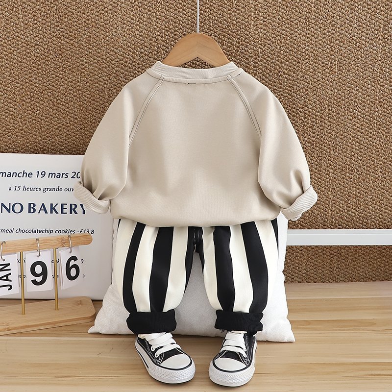 2024 Autumn/Winter Boys Clothing Set Children's Long Sleeve Top Warm Two-Piece Hoodie Cute Cartoon 3D Patterned Striped Pants