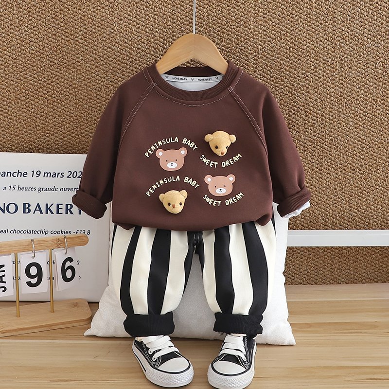 2024 Autumn/Winter Boys Clothing Set Children's Long Sleeve Top Warm Two-Piece Hoodie Cute Cartoon 3D Patterned Striped Pants