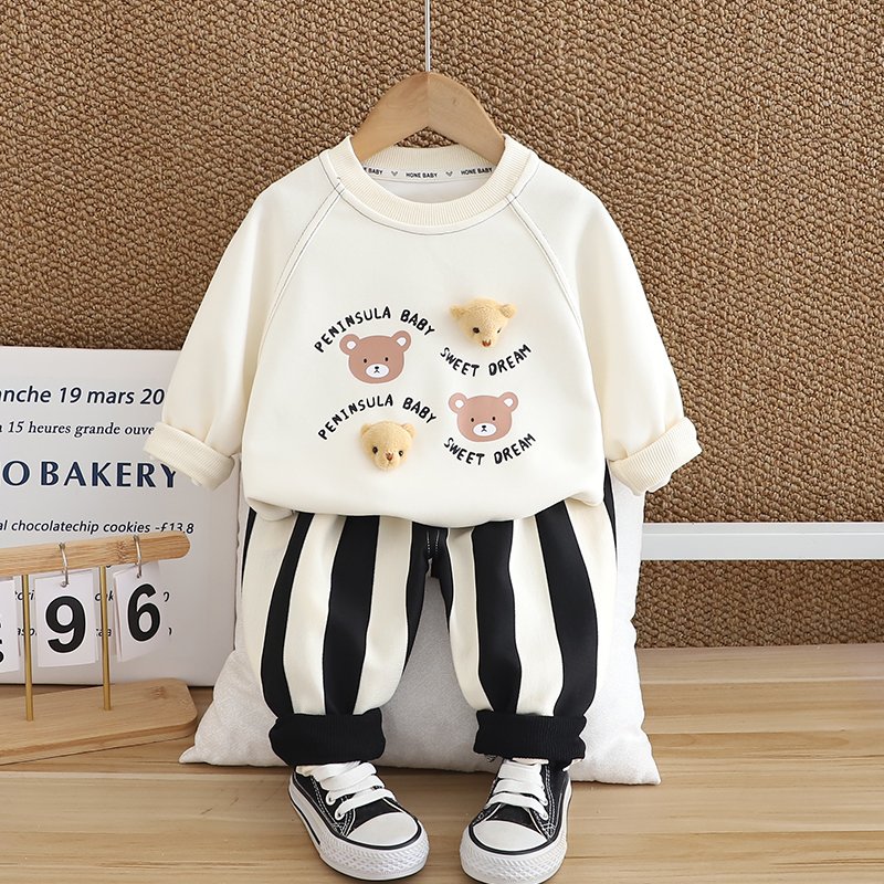 2024 Autumn/Winter Boys Clothing Set Children's Long Sleeve Top Warm Two-Piece Hoodie Cute Cartoon 3D Patterned Striped Pants