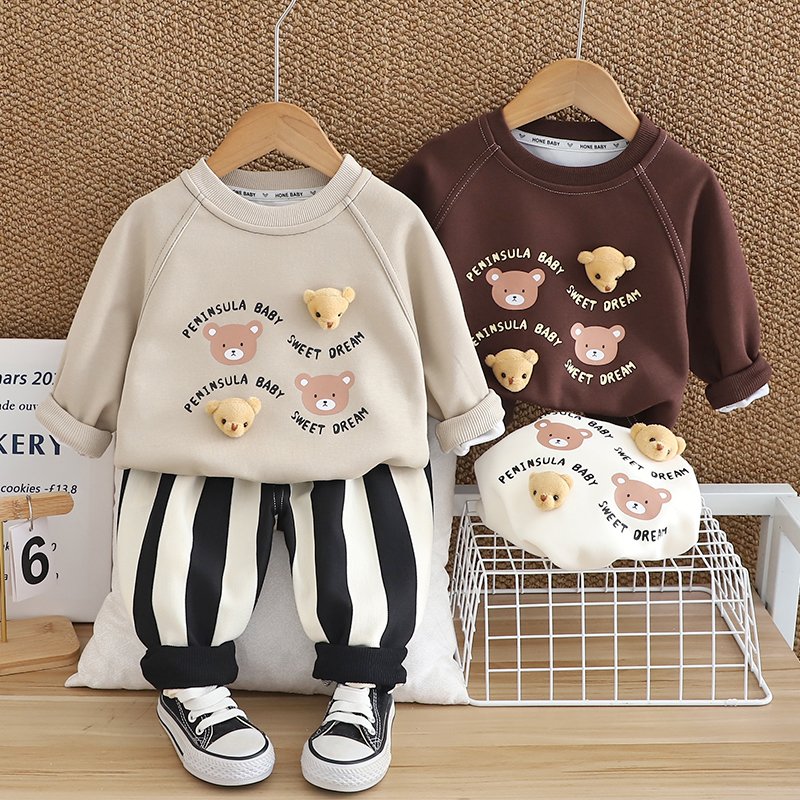 2024 Autumn/Winter Boys Clothing Set Children's Long Sleeve Top Warm Two-Piece Hoodie Cute Cartoon 3D Patterned Striped Pants