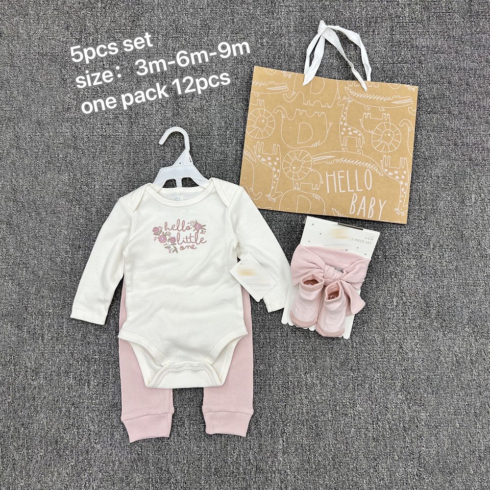 Newborn Baby 0-9m Long Sleeve Bodysuit+Trousers+Socks+Cap+Gift Bag 5pcs Clothing Set Cotton Soft Baby Autumn Clothes