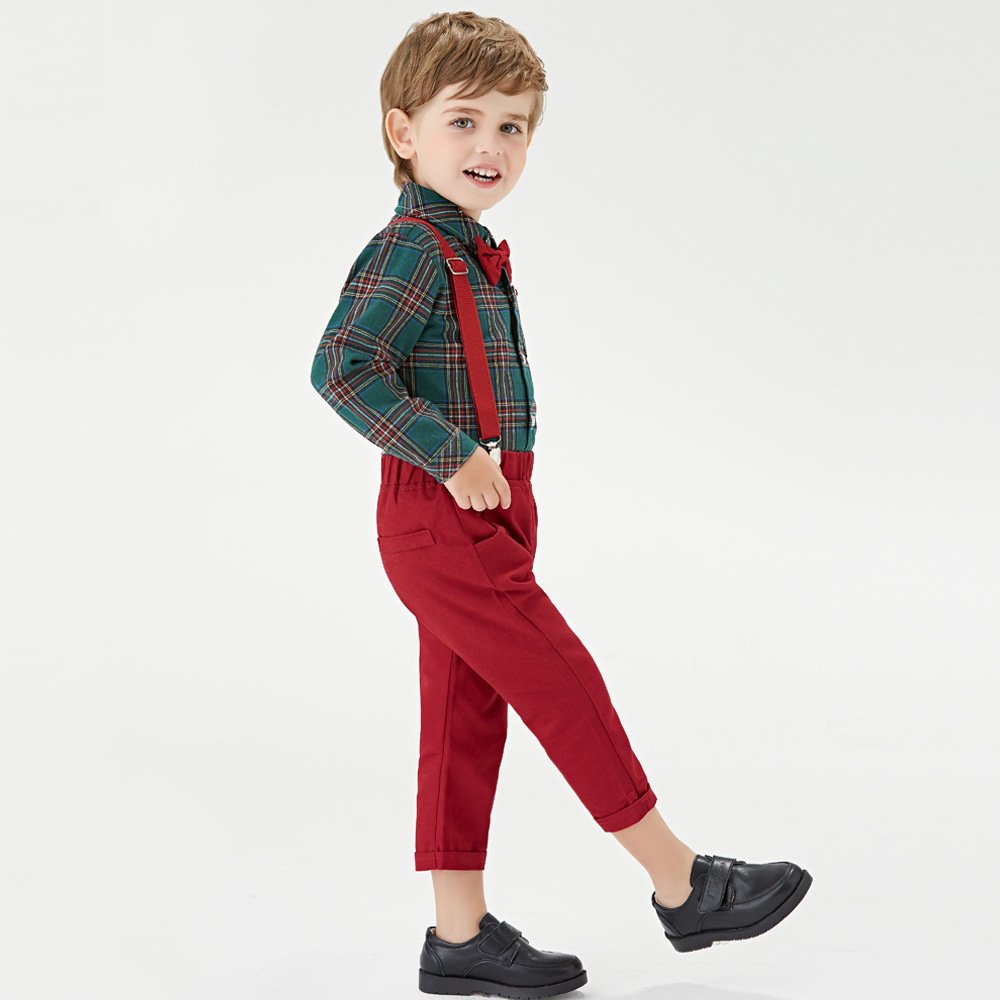 Wholesale Toddler Christmas Suit Bow Ties Plaid Shirts Suspenders Pants Outfits Baby Boys Gentleman Clothes Sets