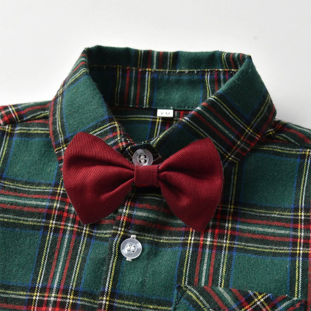 Wholesale Toddler Christmas Suit Bow Ties Plaid Shirts Suspenders Pants Outfits Baby Boys Gentleman Clothes Sets