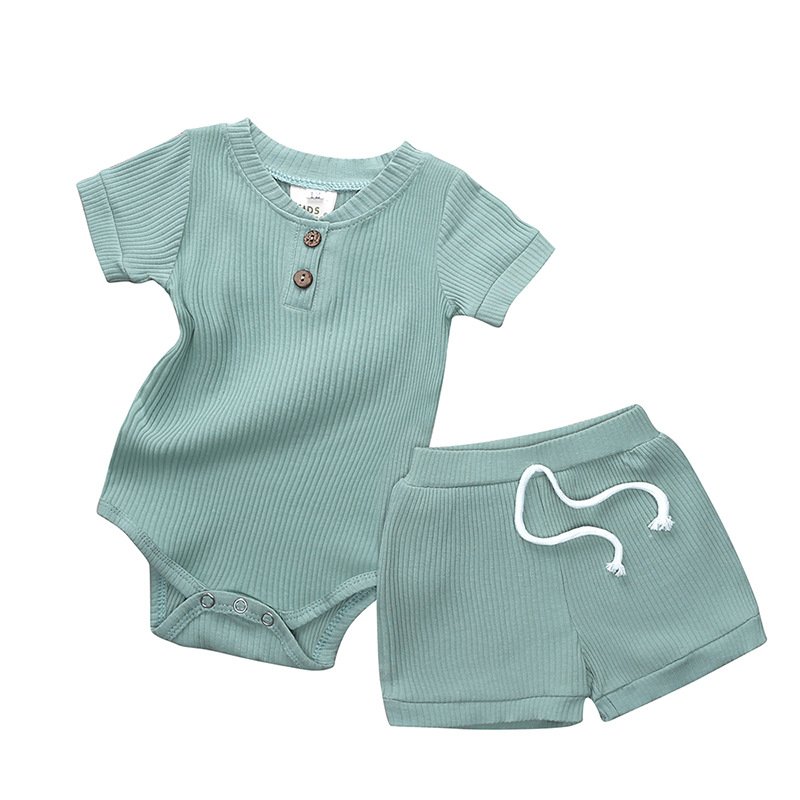 Infant Newborn Baby Girl Boy Ribbed Solid Clothes Sets Short Sleeve Bodysuits Elastic Shorts 2pcs Outfits Baby Clothing Sets