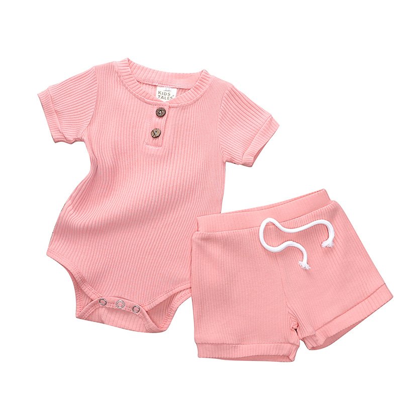 Infant Newborn Baby Girl Boy Ribbed Solid Clothes Sets Short Sleeve Bodysuits Elastic Shorts 2pcs Outfits Baby Clothing Sets