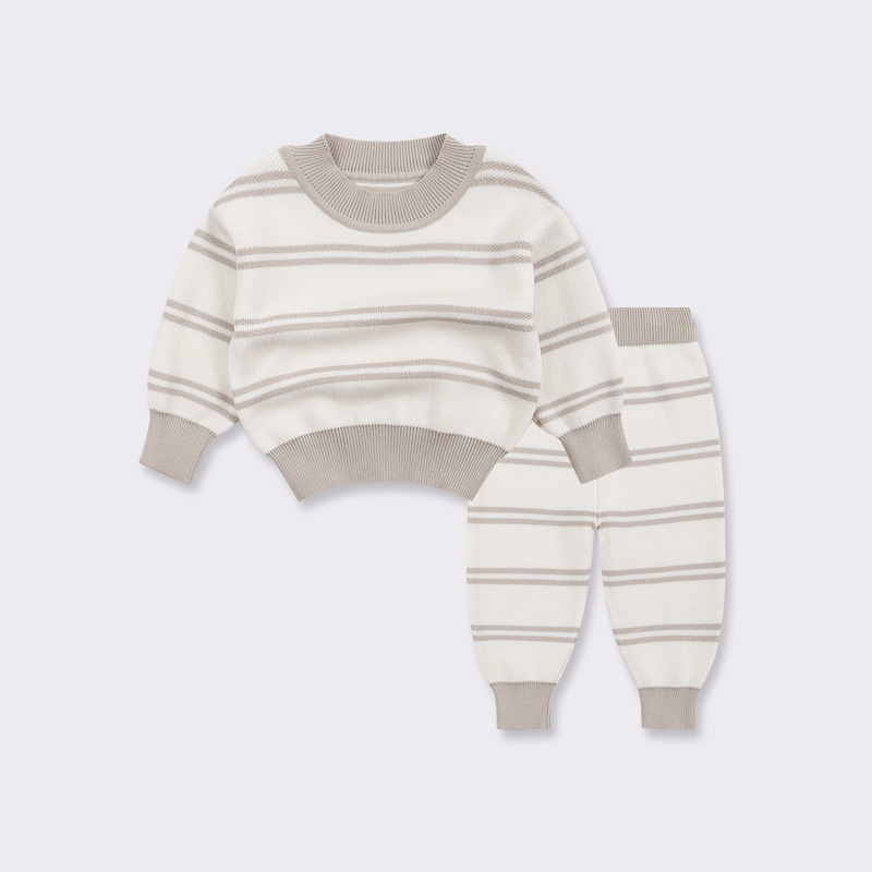 2024 children soft stripe set boys and girls baby two-color splicing long sleeve knitting sweater with pants kids leisure suit