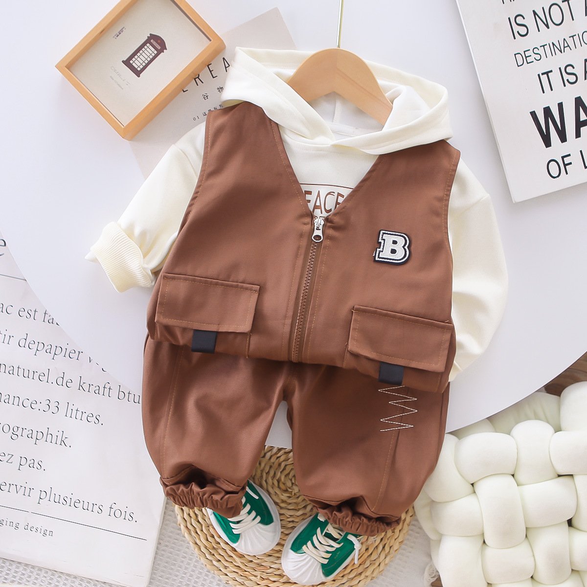 Kids Fashion Spring Autumn 3pcs Cargo Outfits Hoodies+Vest Jacket+Pants Casual Boys Clothing Sets