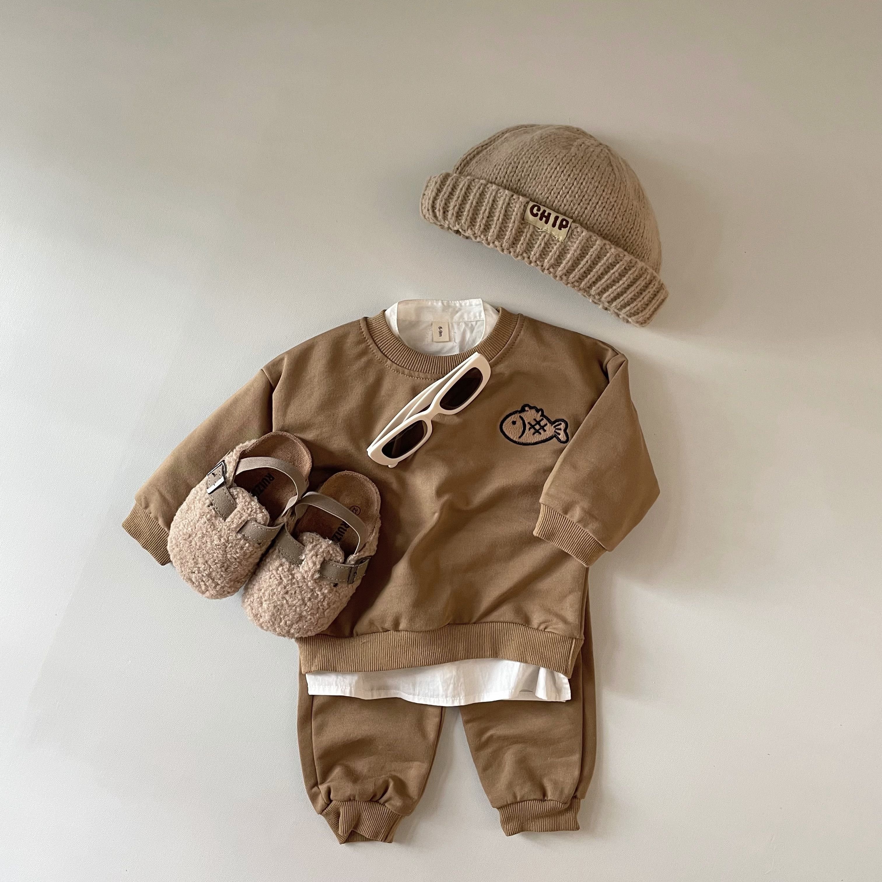 Spring Autumn 100% Cotton Kids Clothing Set Toddler Baby Girls Boys Fish Embroidery Tops+ Pants Outfits Set