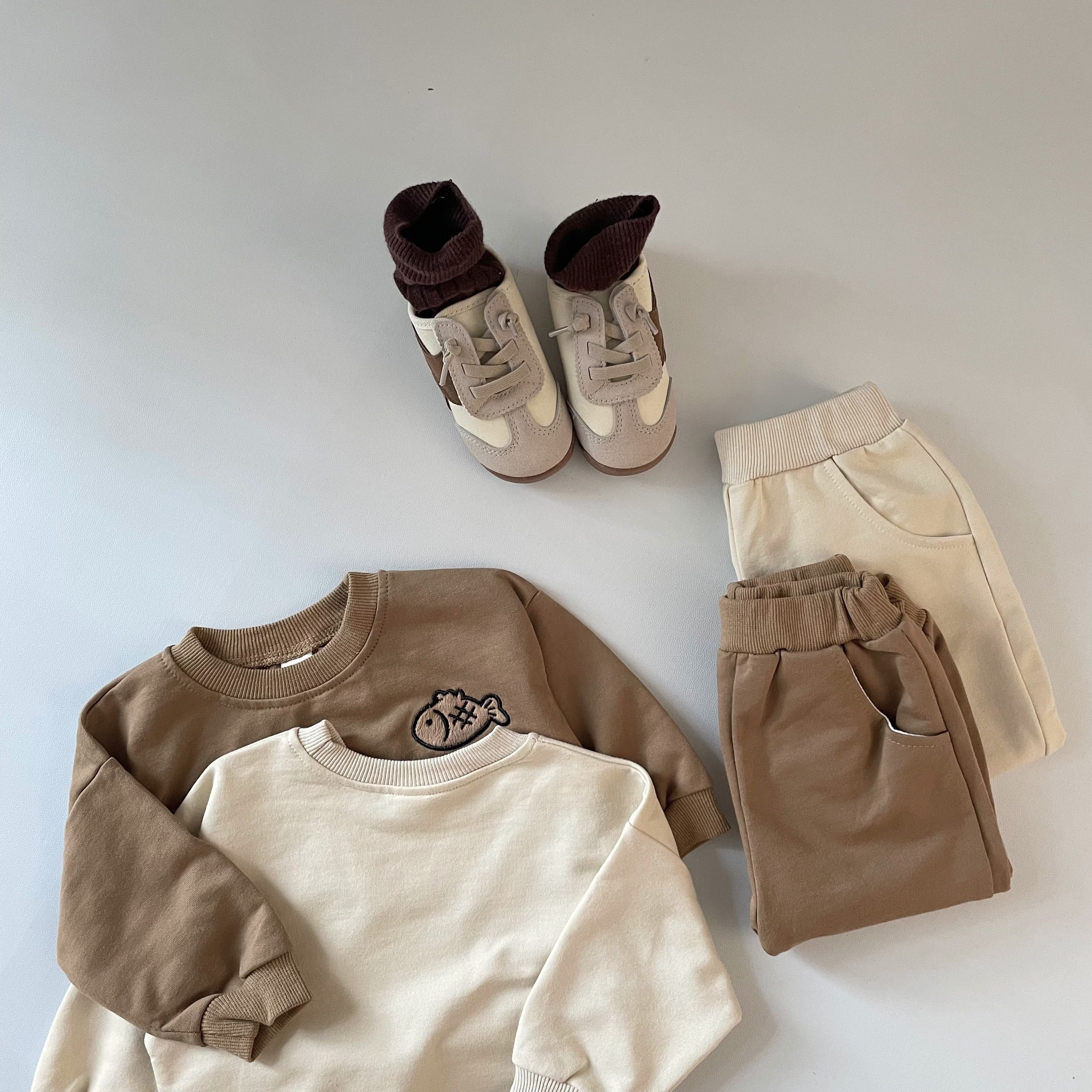 Spring Autumn 100% Cotton Kids Clothing Set Toddler Baby Girls Boys Fish Embroidery Tops+ Pants Outfits Set