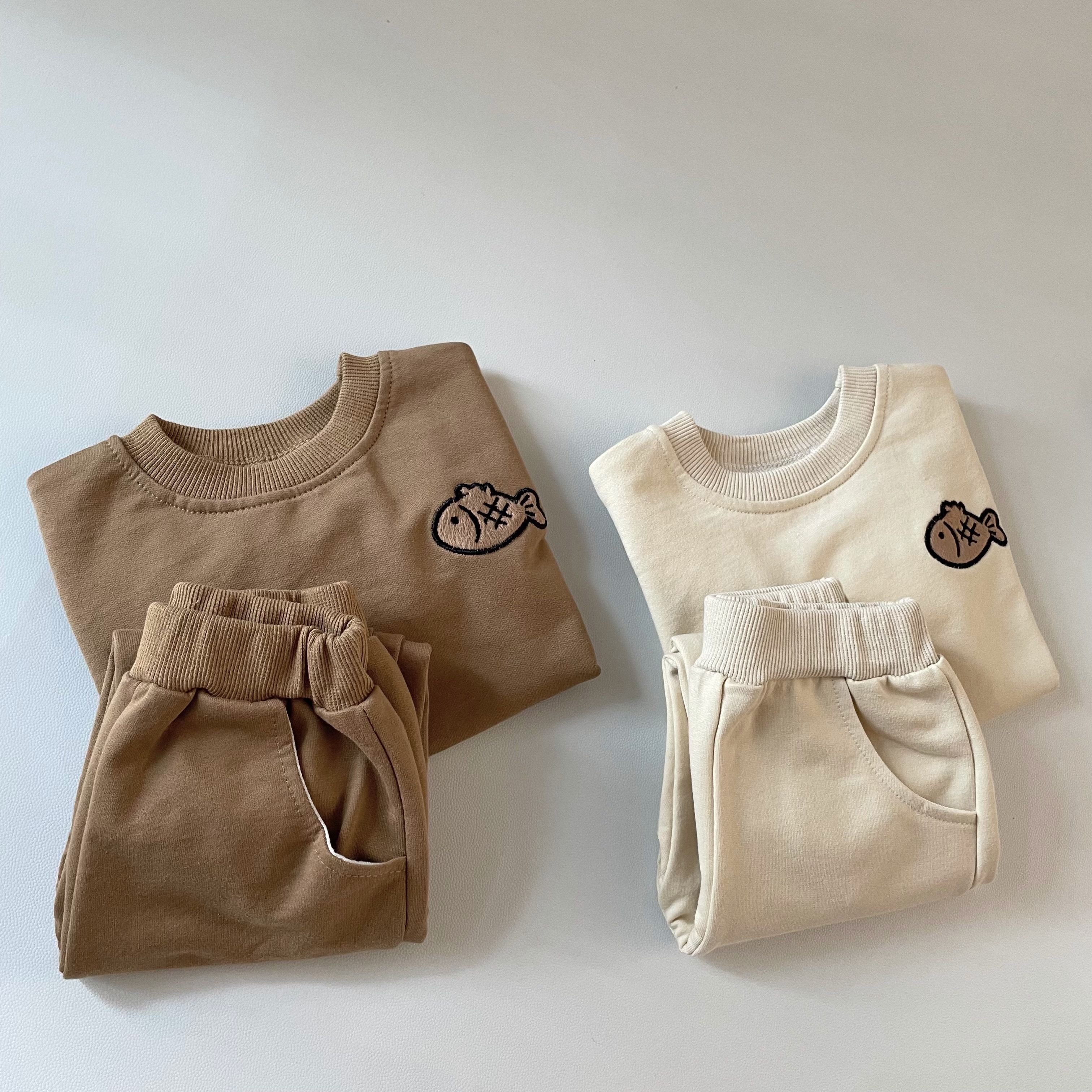 Spring Autumn 100% Cotton Kids Clothing Set Toddler Baby Girls Boys Fish Embroidery Tops+ Pants Outfits Set
