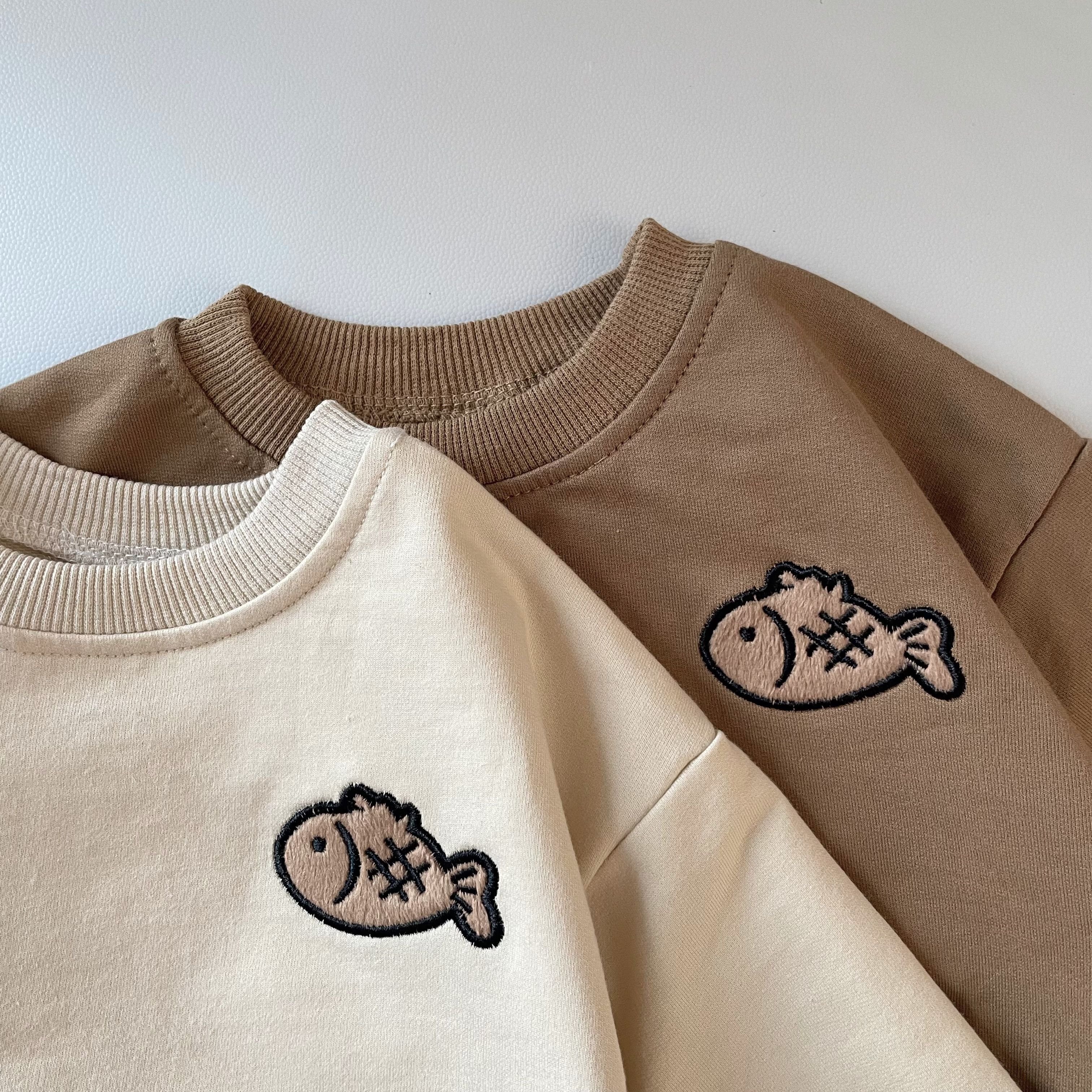 Spring Autumn 100% Cotton Kids Clothing Set Toddler Baby Girls Boys Fish Embroidery Tops+ Pants Outfits Set