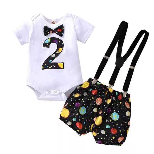2 year Toddler Birthday Clothes Romper Set kids party wear 3 pcs suspenders Baby Boys Clothing Set