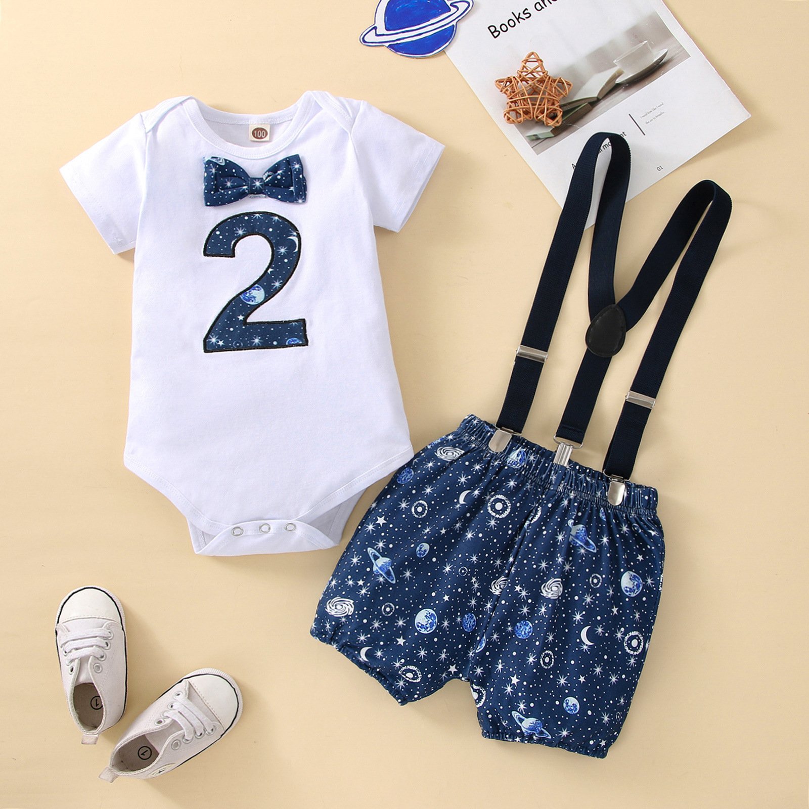 2 year Toddler Birthday Clothes Romper Set kids party wear 3 pcs suspenders Baby Boys Clothing Set