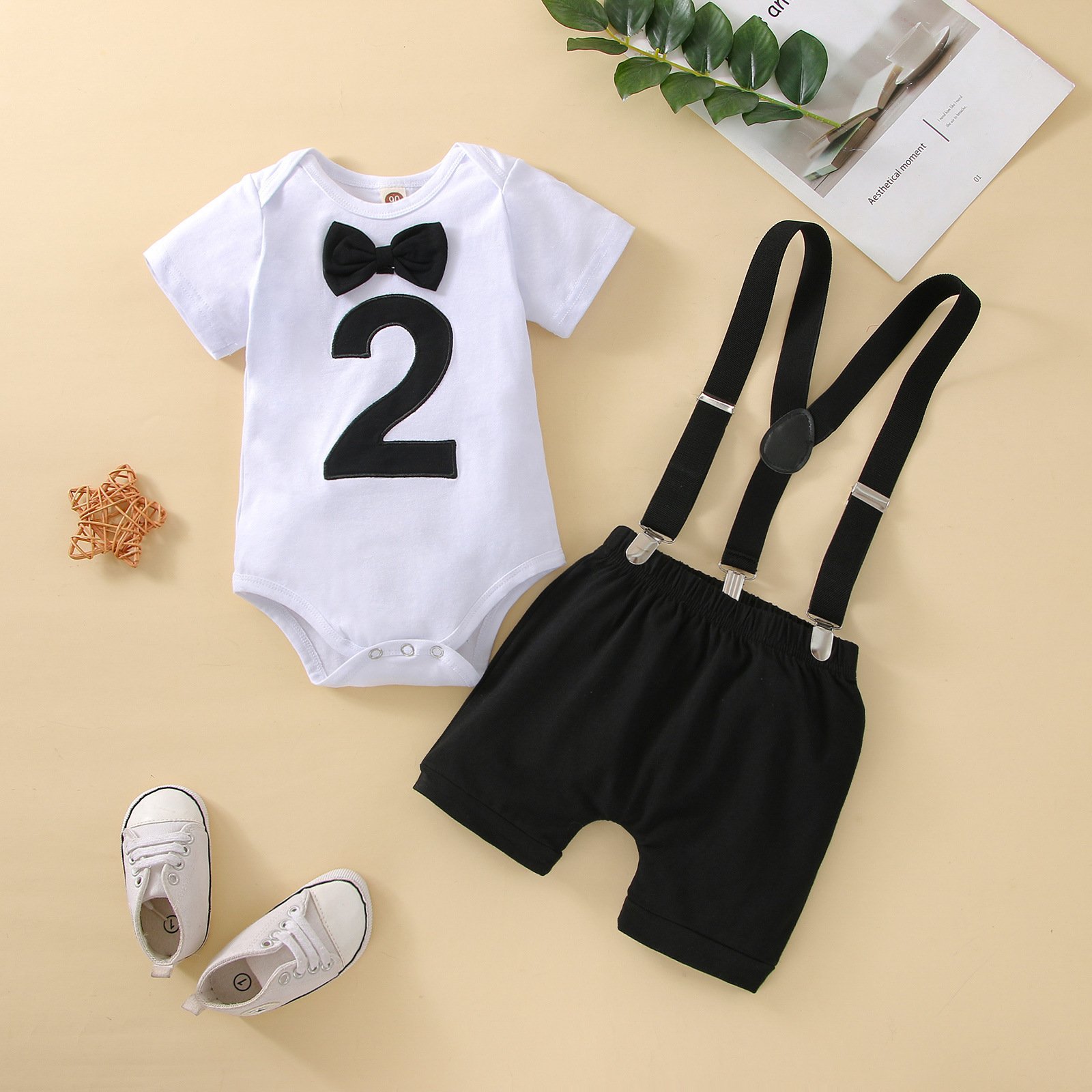 2 year Toddler Birthday Clothes Romper Set kids party wear 3 pcs suspenders Baby Boys Clothing Set
