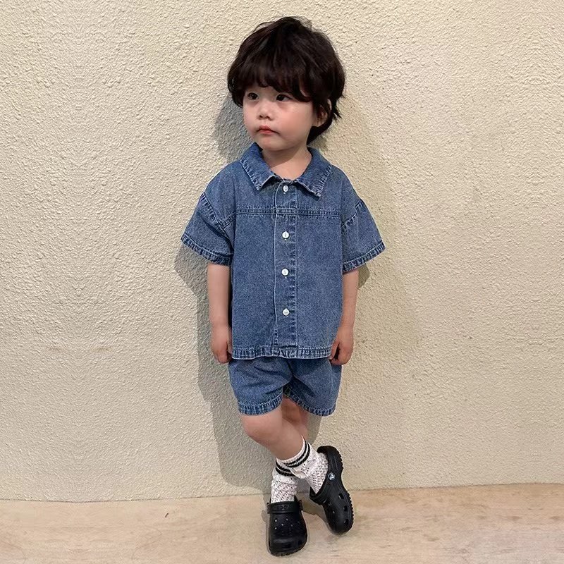 Newest Korean US INS Summer Kids Outfits Short Sleeve Dress Front Pockets Shorts 2pcs Denim Cotton Boys Kids Clothing Set