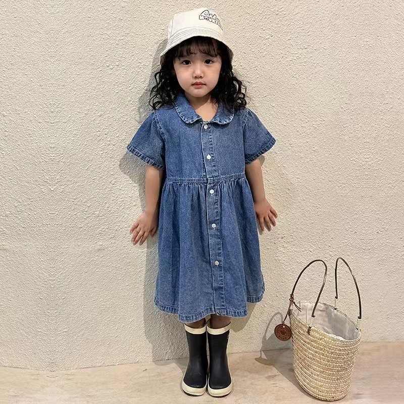 Newest Korean US INS Summer Kids Outfits Short Sleeve Dress Front Pockets Shorts 2pcs Denim Cotton Boys Kids Clothing Set