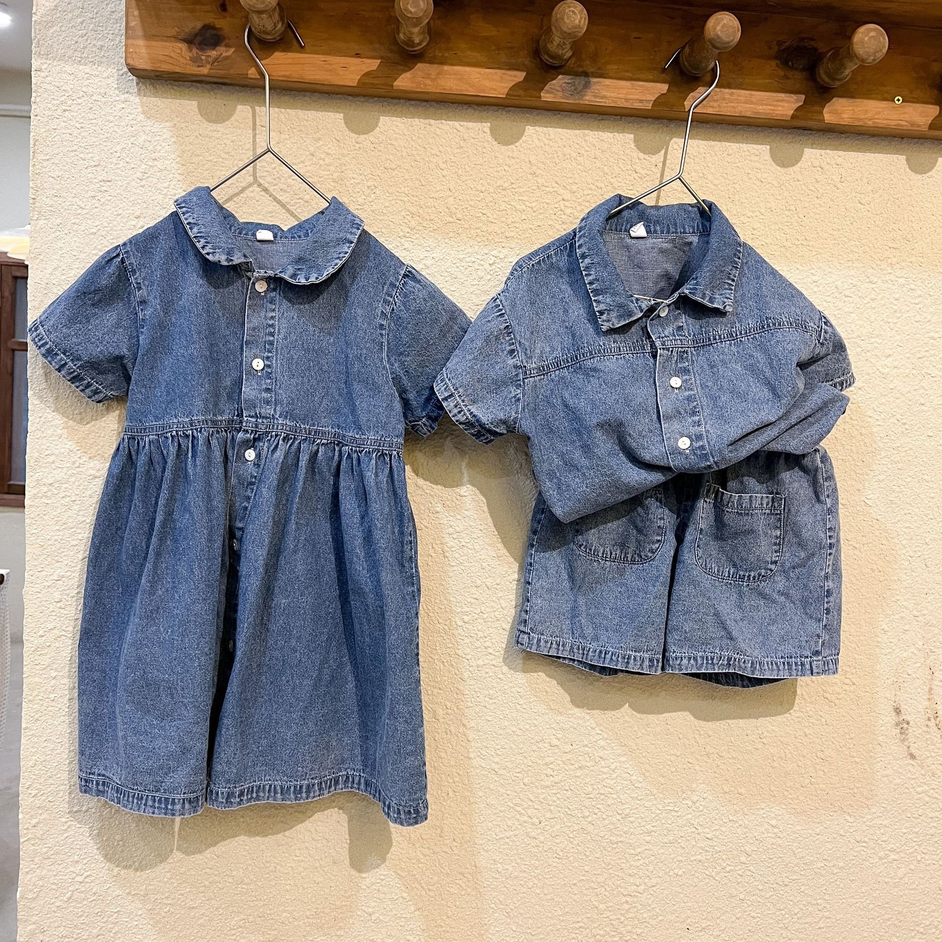 Newest Korean US INS Summer Kids Outfits Short Sleeve Dress Front Pockets Shorts 2pcs Denim Cotton Boys Kids Clothing Set