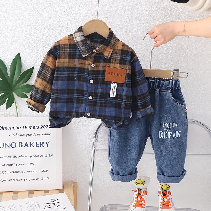 Children Clothing Spring Kids Long Sleeve Plaid Shirt+Jeans 2 Pcs Set Casual Boys Clothing Sets