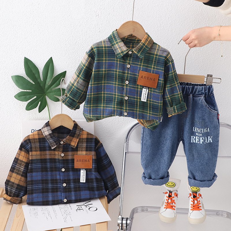 Children Clothing Spring Kids Long Sleeve Plaid Shirt+Jeans 2 Pcs Set Casual Boys Clothing Sets