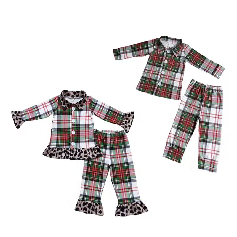 RTS Baby girls long sleeve ruffle Christmas plaid print outfit children button ruffle pants sleepwear Kids sibling pajamas set
