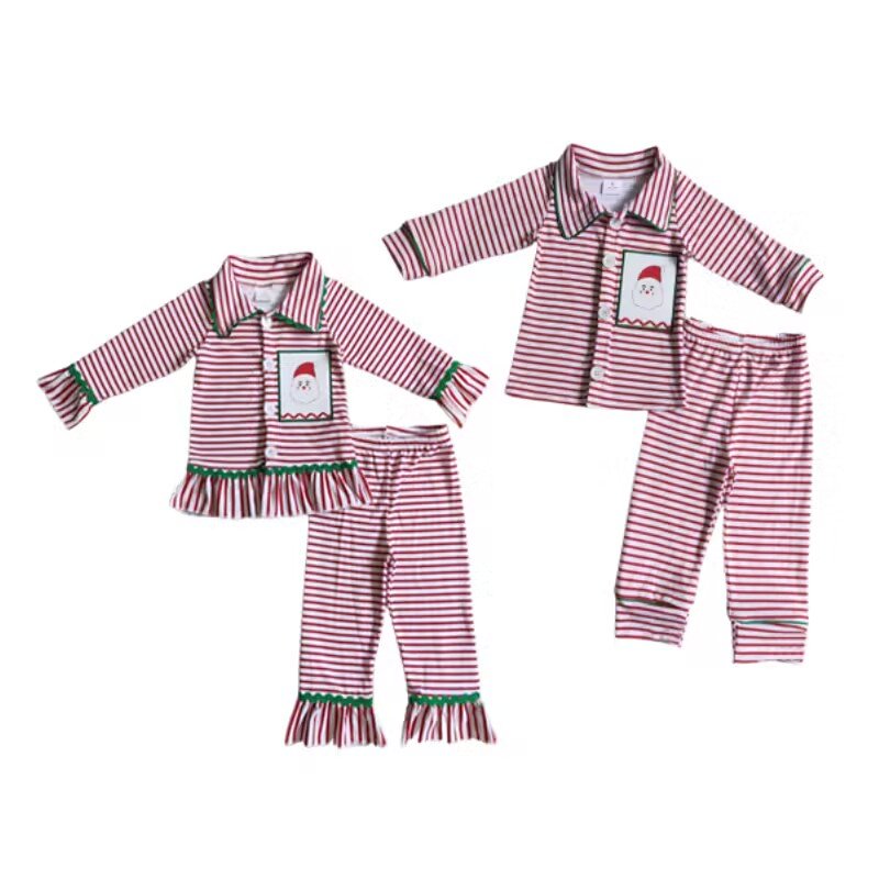 RTS Baby girls long sleeve ruffle Christmas plaid print outfit children button ruffle pants sleepwear Kids sibling pajamas set