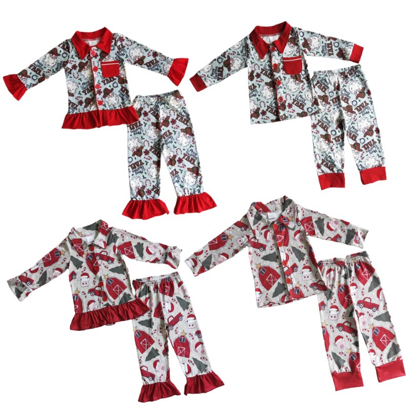 RTS Baby girls long sleeve ruffle Christmas plaid print outfit children button ruffle pants sleepwear Kids sibling pajamas set