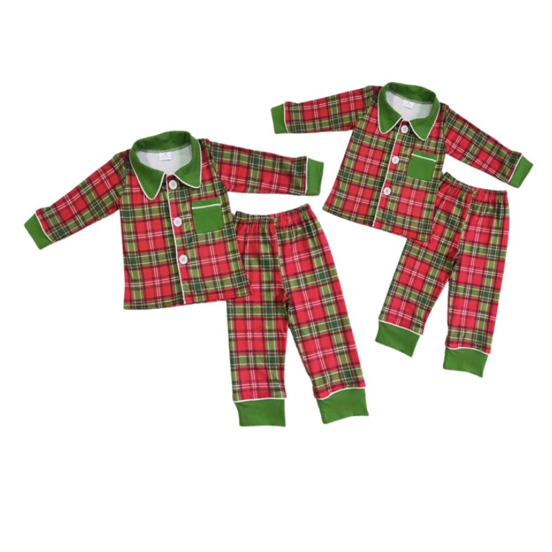 RTS Baby girls long sleeve ruffle Christmas plaid print outfit children button ruffle pants sleepwear Kids sibling pajamas set